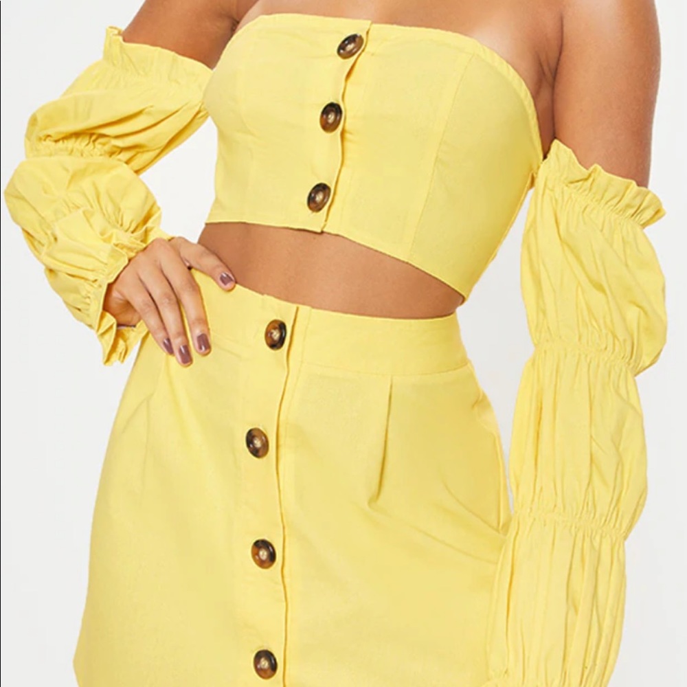 SOLD PLT Yellow Cotton Button Detail Puff Sleeve Shirt skirt set